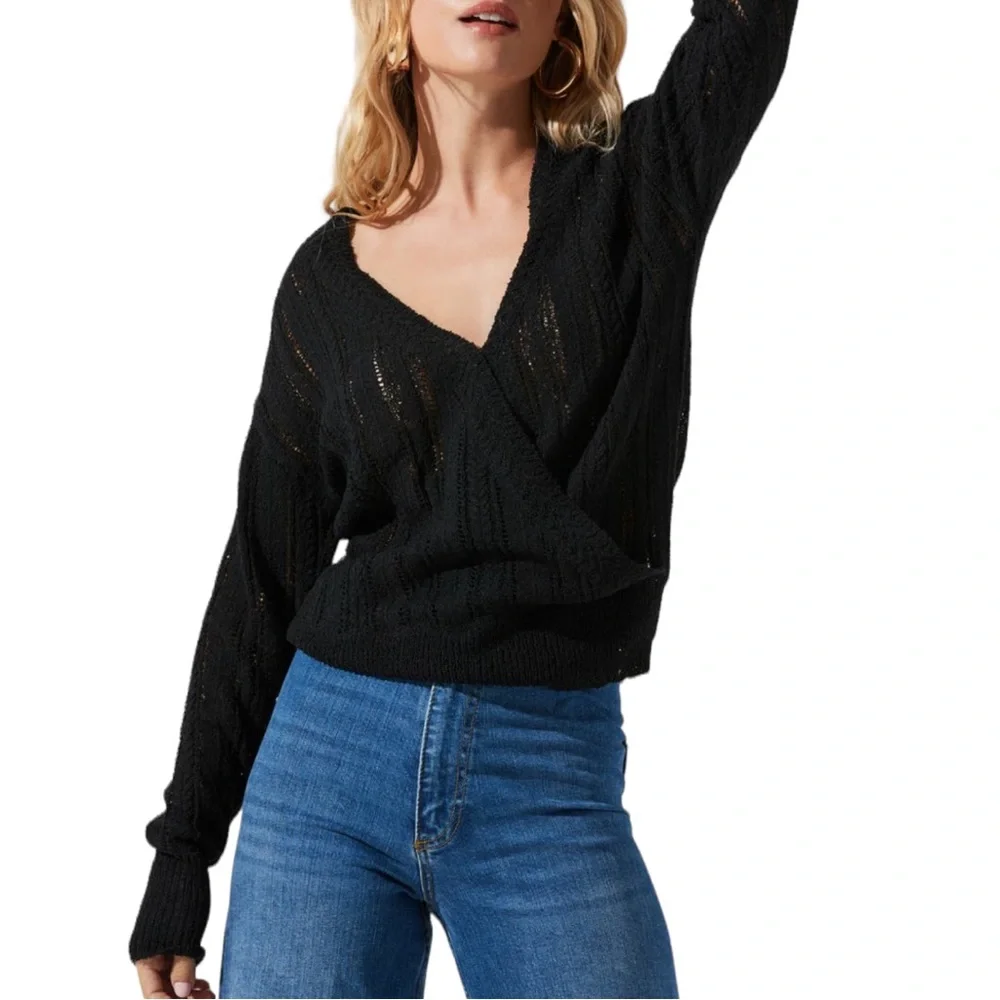 ASTR the Label Black Faux Wrap Pointelle Knit Sweater - Picture 1 of 16